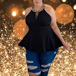 City Chic black peplum blouse with gold chain neck